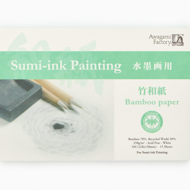 A notepad meant for Japanese ink painting made of bamboo paper by Awagami Factory. The cover features an ink painting as well as some details of the products.