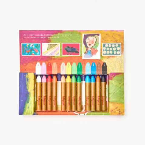 12 coloured crayons displayed in the box. The box features artworks made by people with learning disabilities using the crayons, and also shows the colours of each.