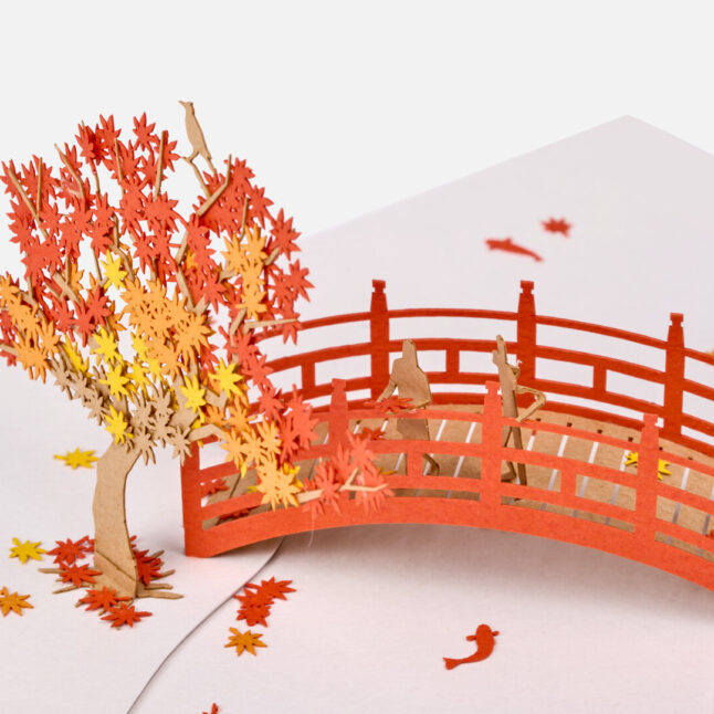 A close up of the bridge from above of the 061 Fall Foliage laser cut architectural model of an autumn scene in three-dimensional form