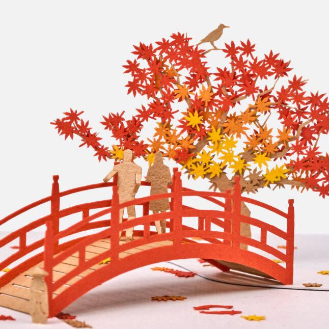 A close up of the bridge from the front of the 061 Fall Foliage laser cut architectural model of an autumn scene in three-dimensional form