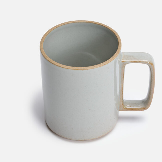 A large mug with a pale grey glossy glaze seen from above