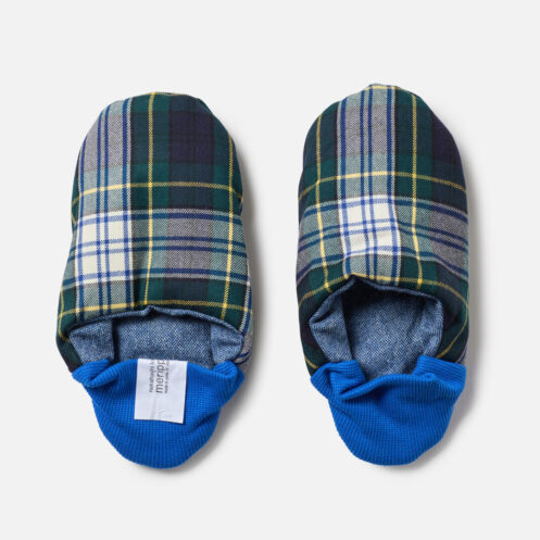Merippa Slippers with green and white Wool Tartan and Recycle Wool in Blue