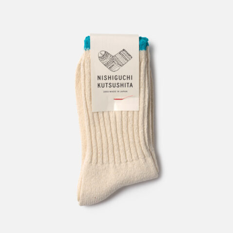 Cotton and silk blend white socks with blue line on the edge and toes from Japan House London