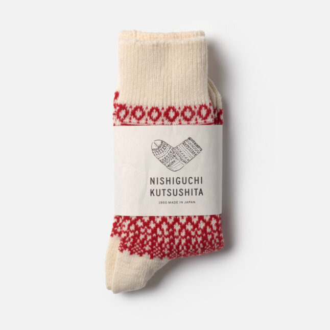 White and red wool jacquard socks from Japan House London
