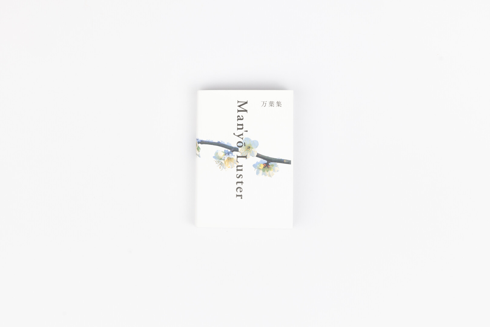 A white book with a branch with cherry blossoms and the words Manyo Luster