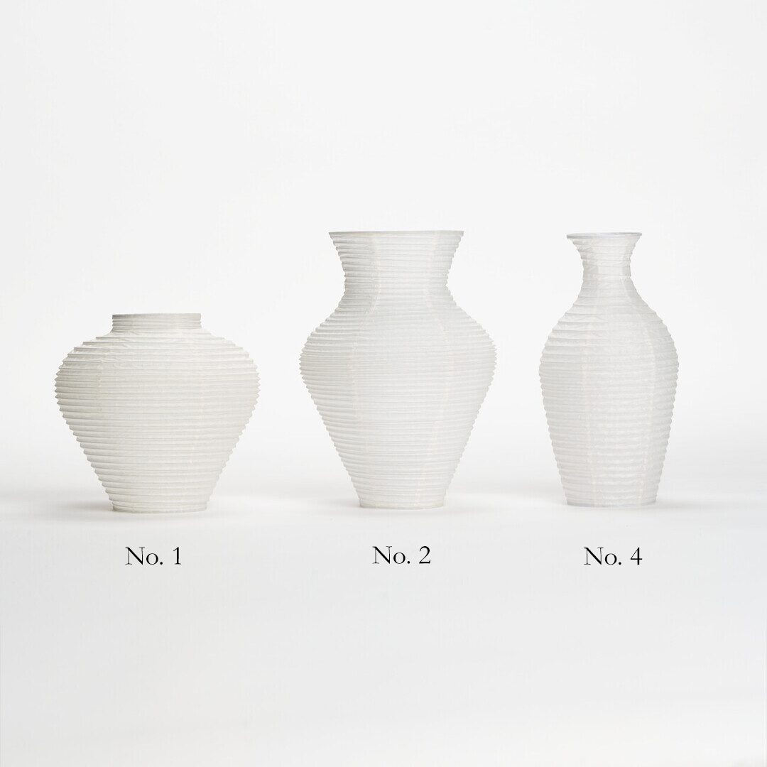 Three vases crafted from washi (Japanese paper).