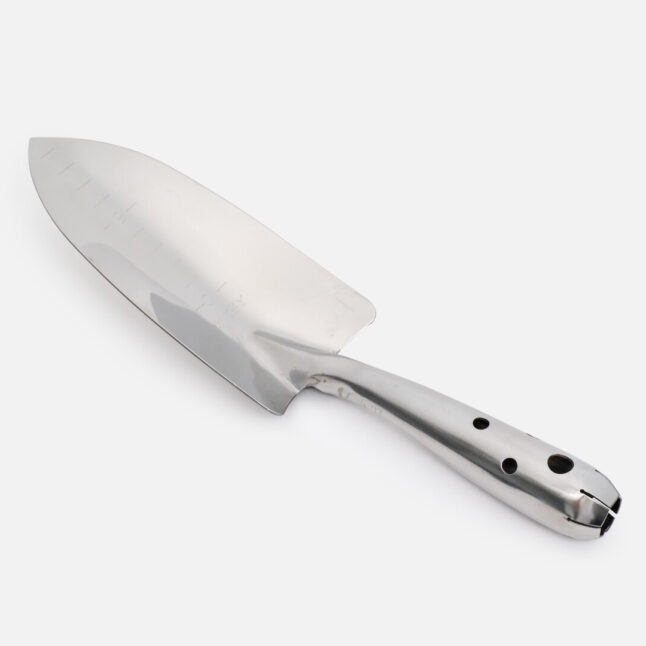 A stainless steel transplanting trowel