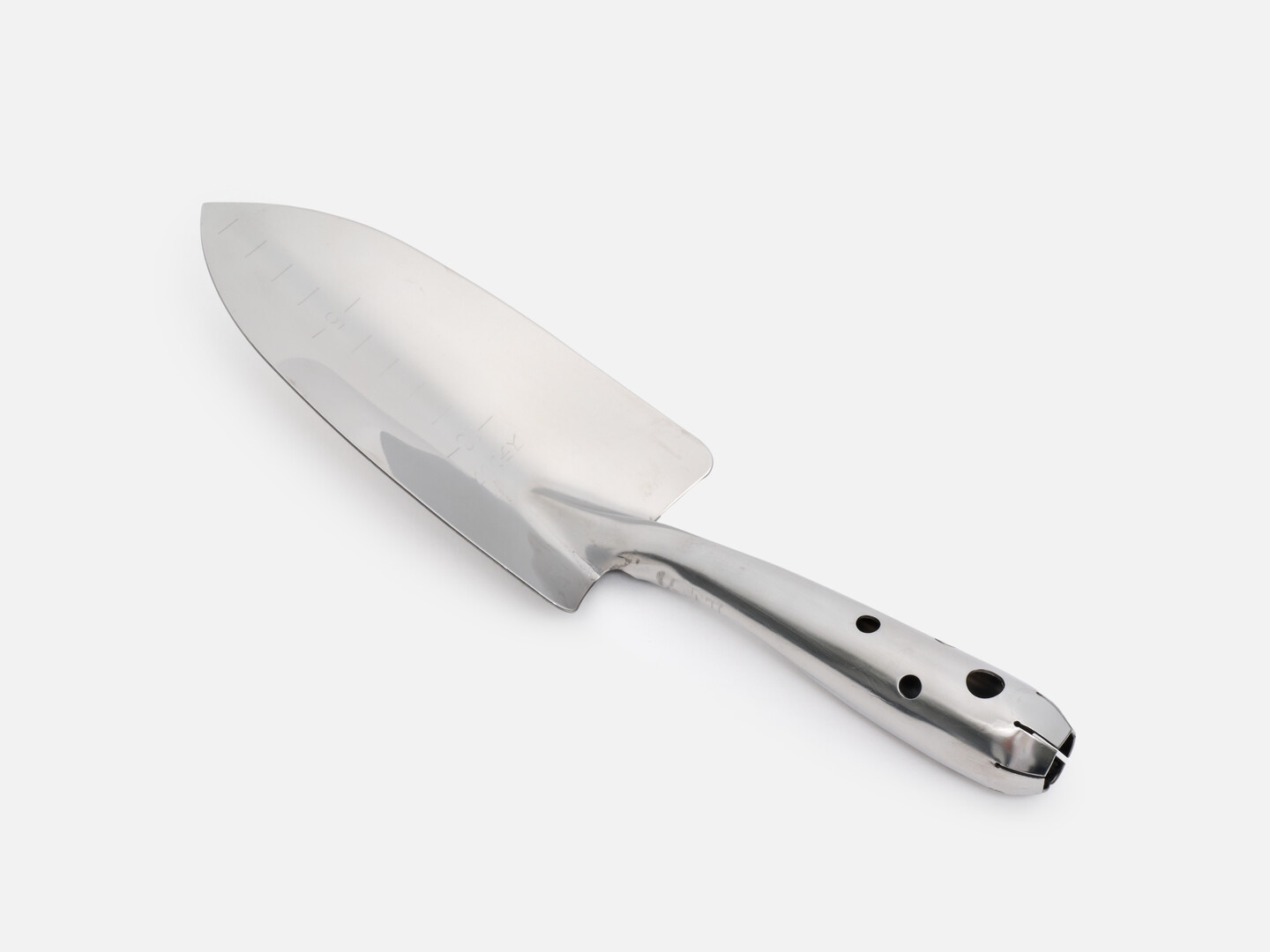 A stainless steel transplanting trowel