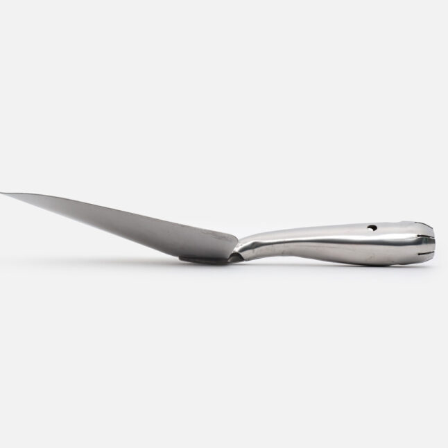A stainless steel transplanting trowel