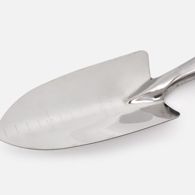 A stainless steel transplanting trowel