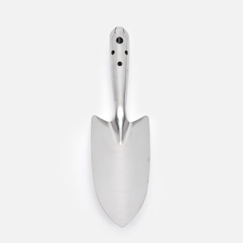 A stainless steel transplanting trowel