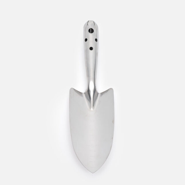 A stainless steel transplanting trowel