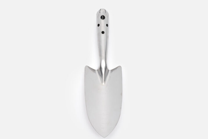 A stainless steel transplanting trowel