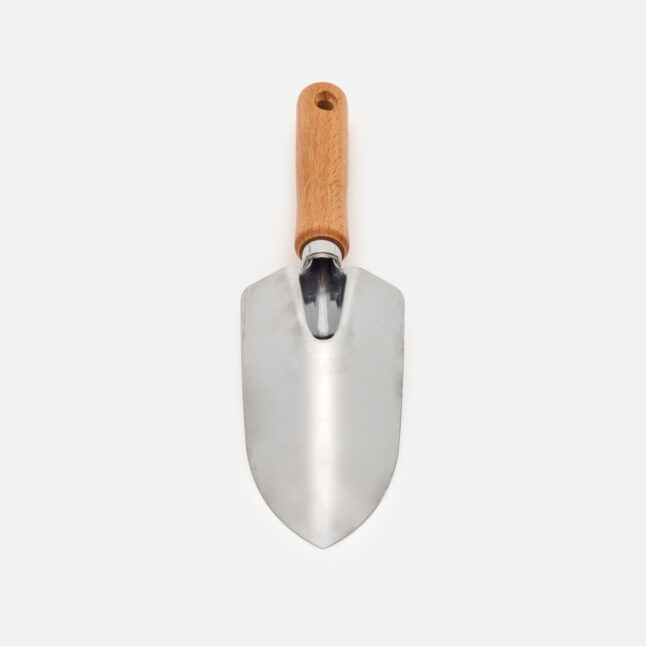 The back of a hand shovel with wooden handle