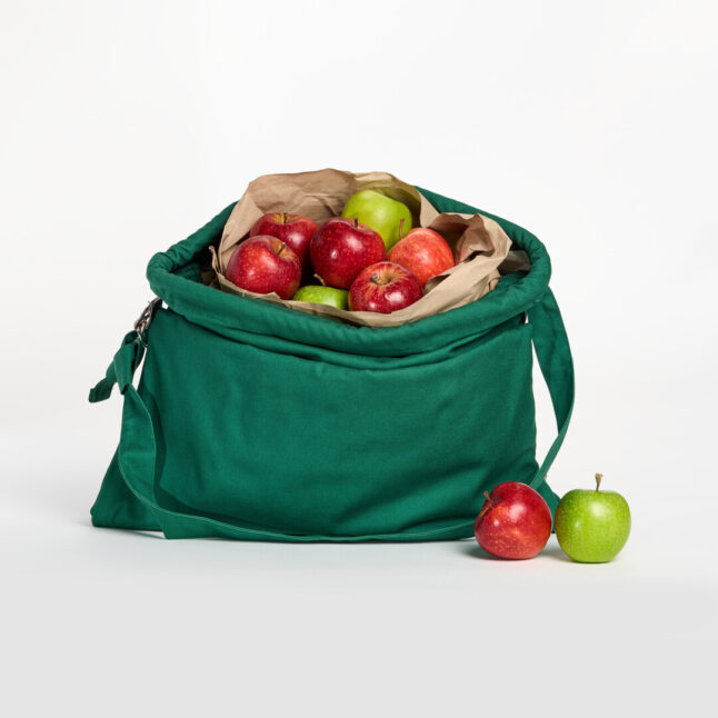A green tote bag full of red and green apple.