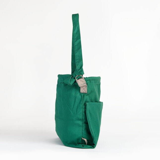 The side of a green totebag