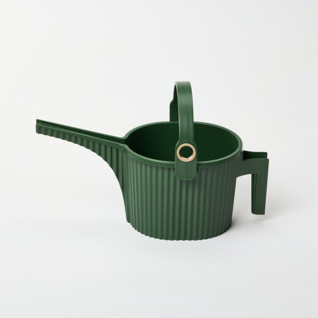A dark green watering can with handle on the body and another arching over with a gold hole for the hose to fill with water.