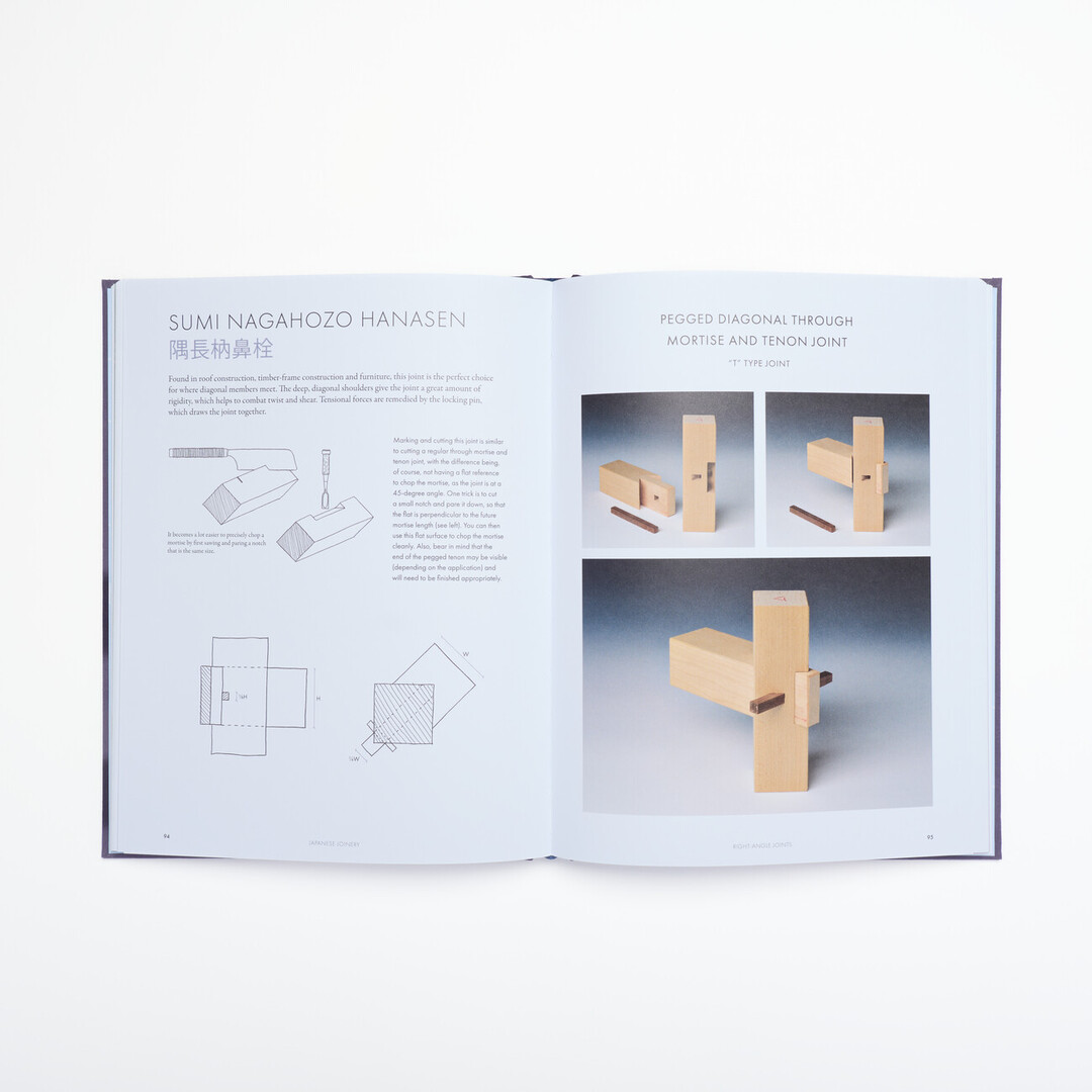 A spread of a book with photographs of wooden joints and hand drawn illustrations