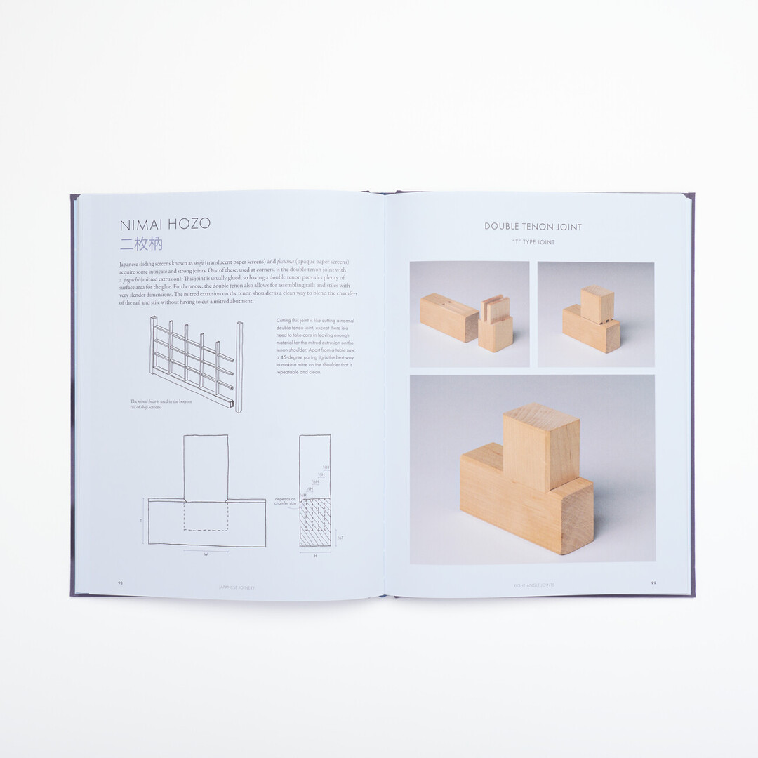 A spread of a book with photographs of wooden joints and hand drawn illustrations