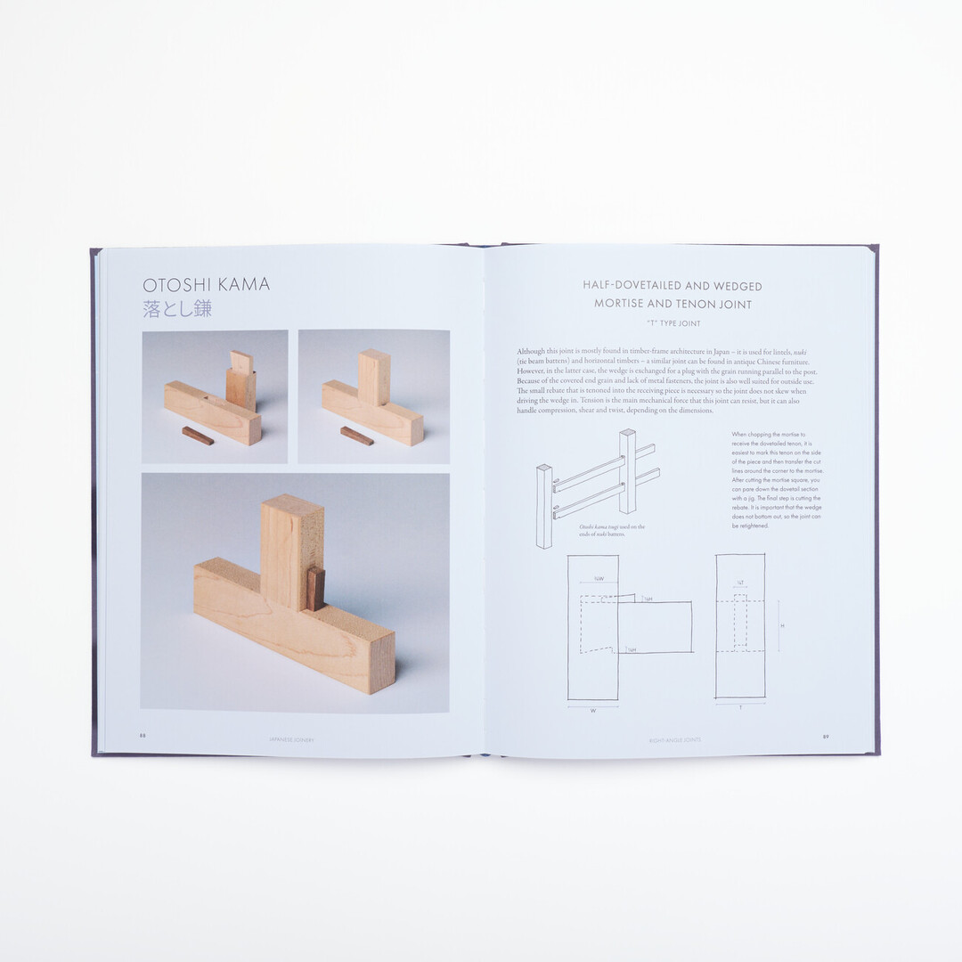 A spread of a book with photographs of wooden joints and hand drawn illustrations