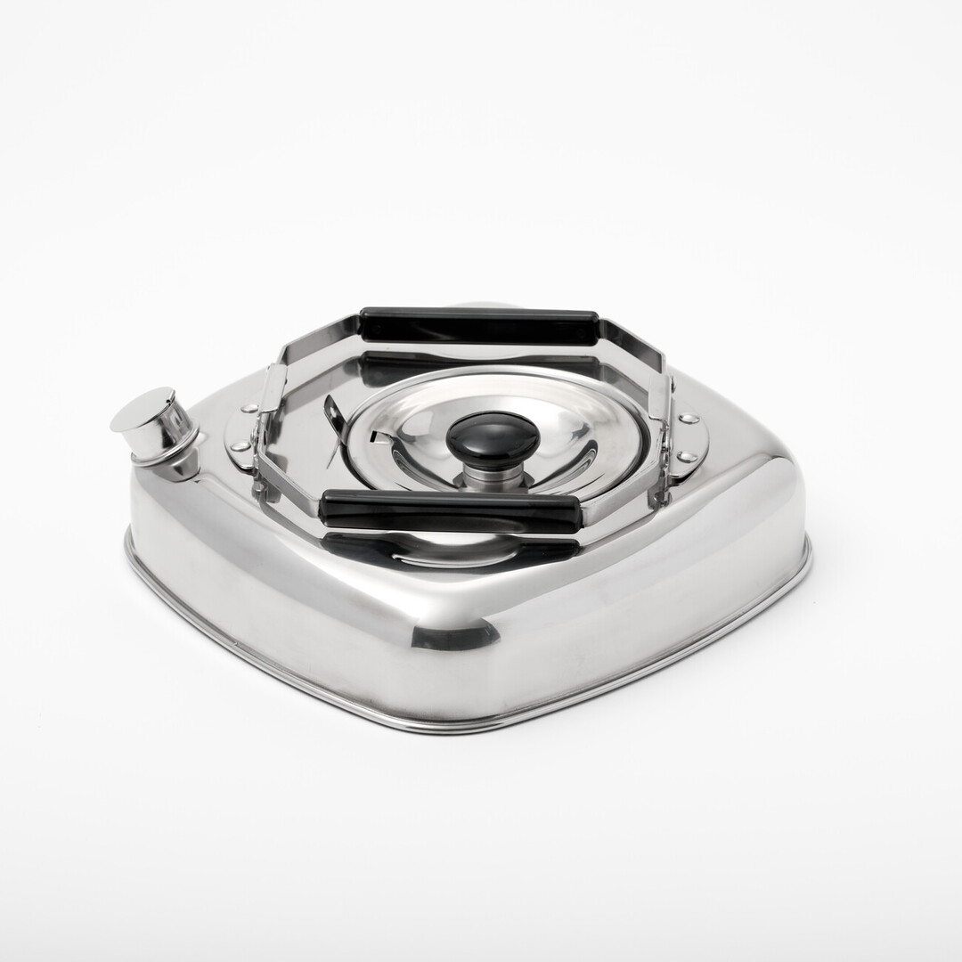 A flat square silver stove kettle with black folding handles