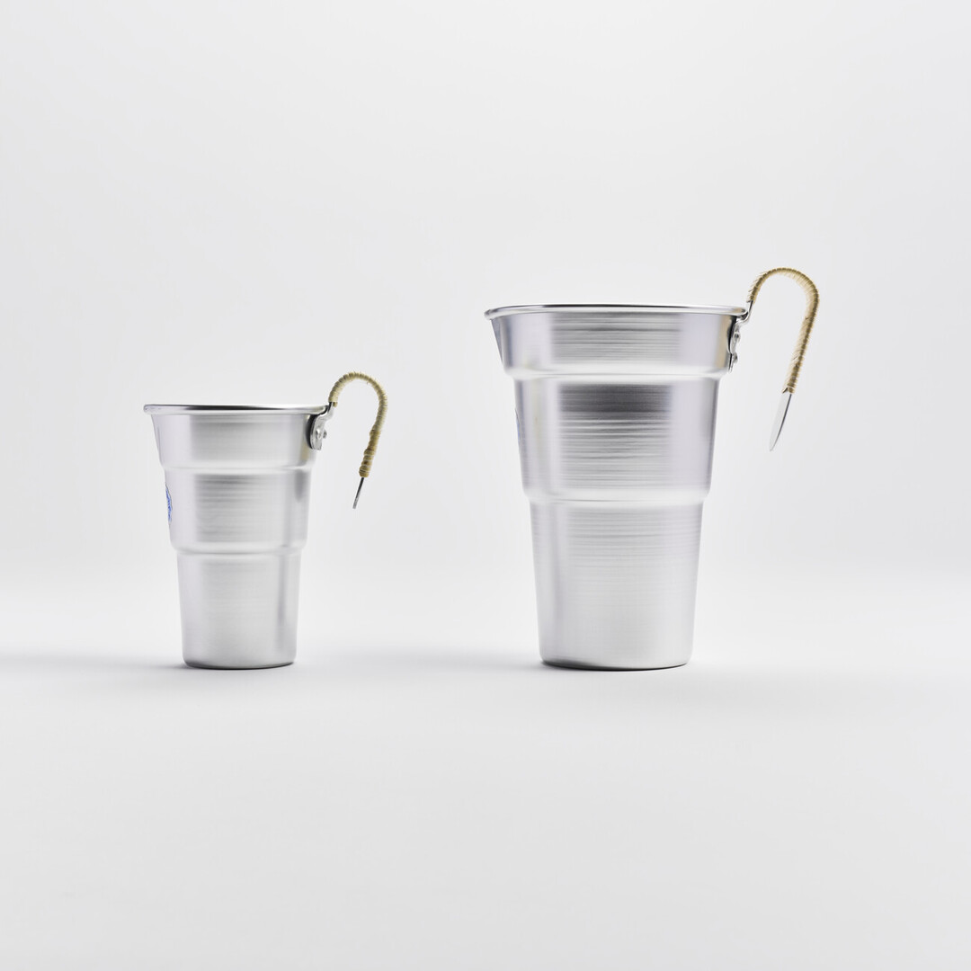 Two aluminium sake pitcher with a bamboo wrapped handle