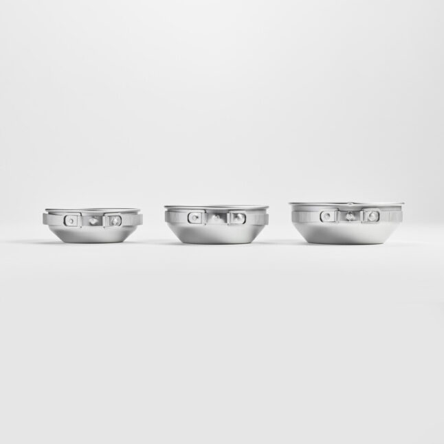 Three aluminium pot with foldable handles collapsed
