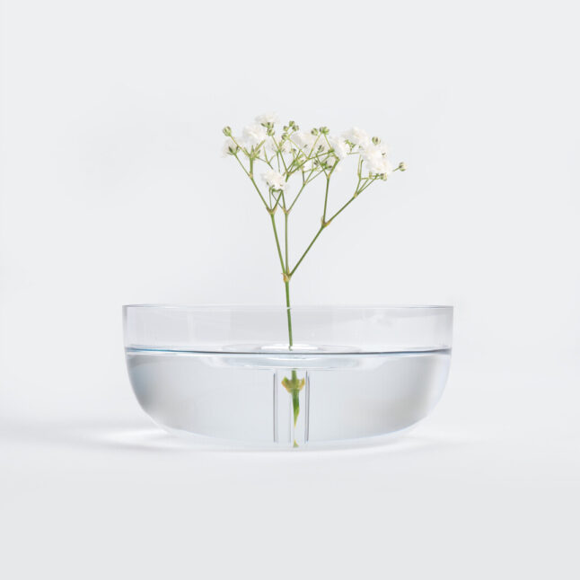 A bowl with a ripple shaped vase holding a stem of floating flowers