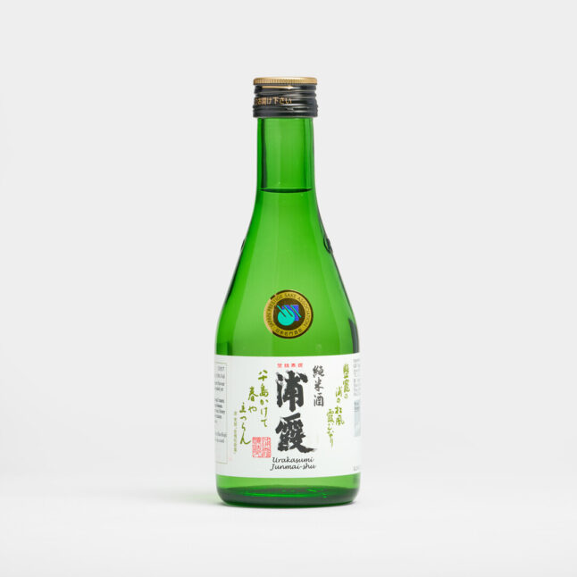 A small green bottle of Urakasumi sake
