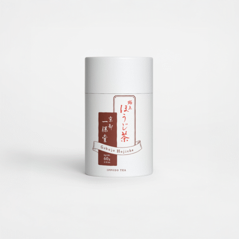 Loose leaf Ippodo Hojicha in a white spherical box with dark brown writing