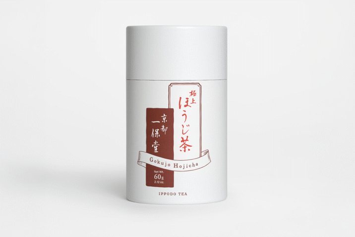 Loose leaf Ippodo Hojicha in a white spherical box with dark brown writing