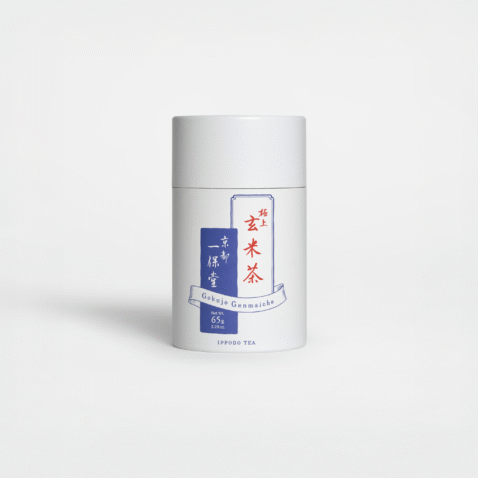 Loose leaf Ippodo Genmaicha in a white spherical box with dark blue writing