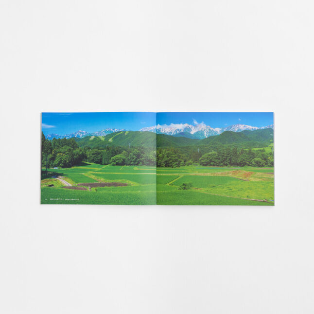A page spread with one picture of fields with a forest in the background