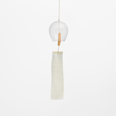 A glass wind chime with a root bamboo node and linen sail