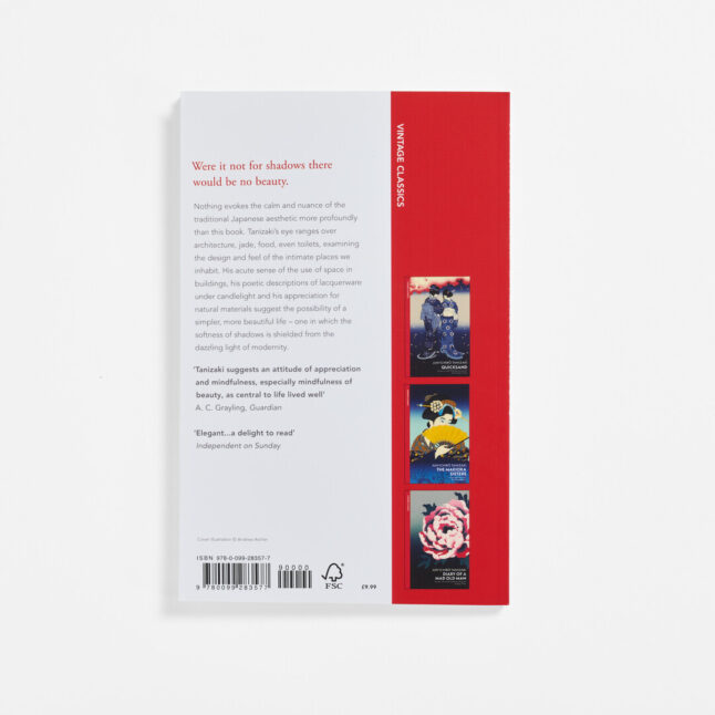 The back page of the book In Praise of Shadows which has a synopsis and small pictures of other books from the same series