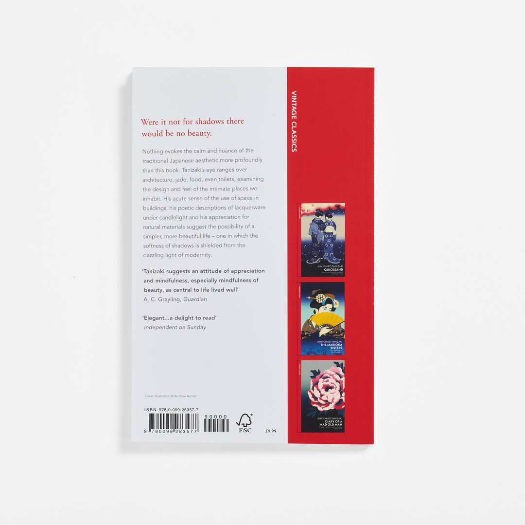 The back page of the book In Praise of Shadows which has a synopsis and small pictures of other books from the same series
