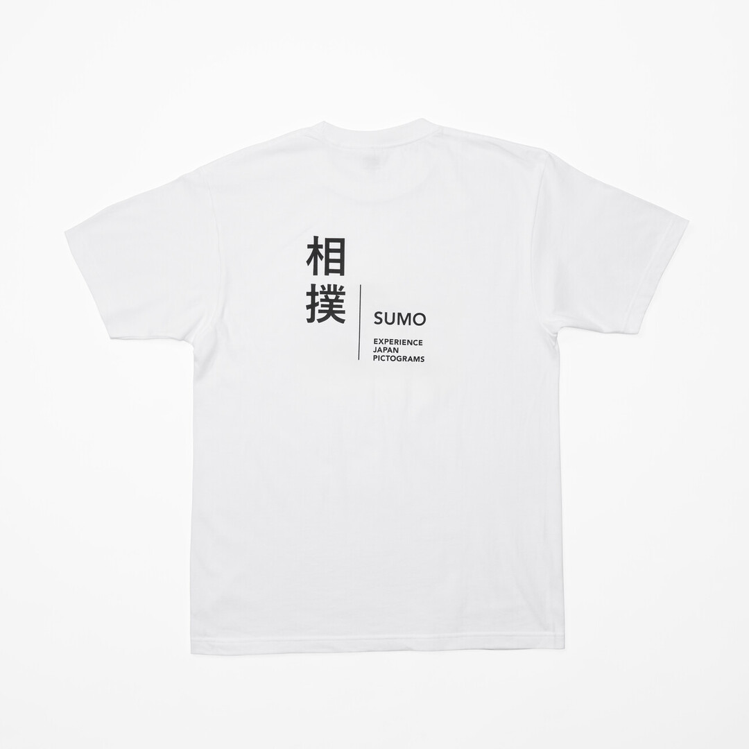The back of a white t-shirt with the Japanese words for sumo and the title of the exhibition Experience Japan Pictograms