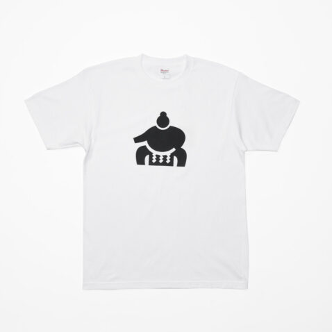The front of a white t-shirt with the pictogram of a sumo in black