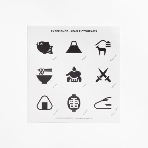 Sticker Set 1 includes stickers of pictograms of taiyaki (a fish-shaped cake filled with sweet red bean paste), Mount Fuji, Nara Park, ramen, sumo, samurai, onigiri, Asakusa and bullet train.