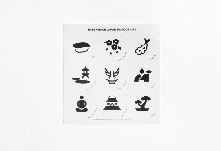 Set 2 includes stickers of pictograms of sushi, hanami (a popular spring event in Japan where people gather under blossoming trees to enjoy a party and appreciate the seasonal flowers), tempura, a Japanese garden, Nebuta Festival, maiko (an apprentice to geisha who learn to perform dances, songs and Japanese instruments for visitors during banquets and parties), seated meditation, castle ruins and bonsai.