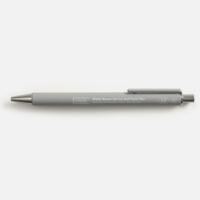 A grey pen with the words Stalogy Water based gel ink ball point pen in white