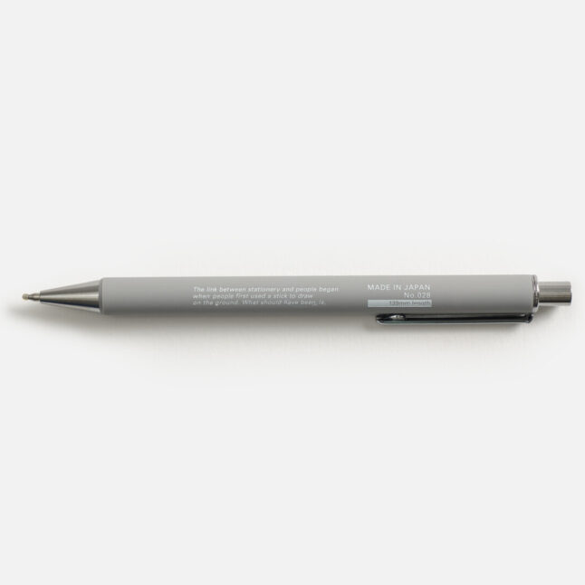 A grey pen with the words Stalogy Water based gel ink ball point pen in white