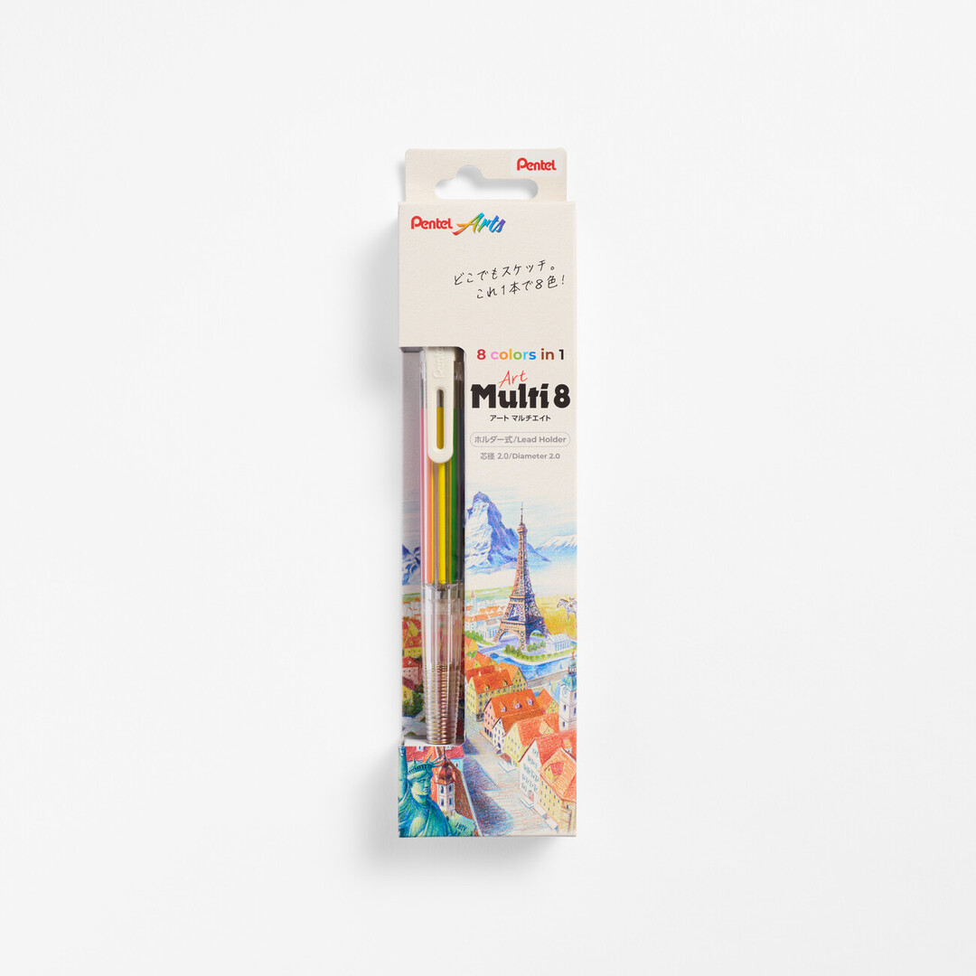 The Pentel Art Multi 8 Pen in a colourful packaging which has a transparent body and eight different colour leads for drawing and sketching