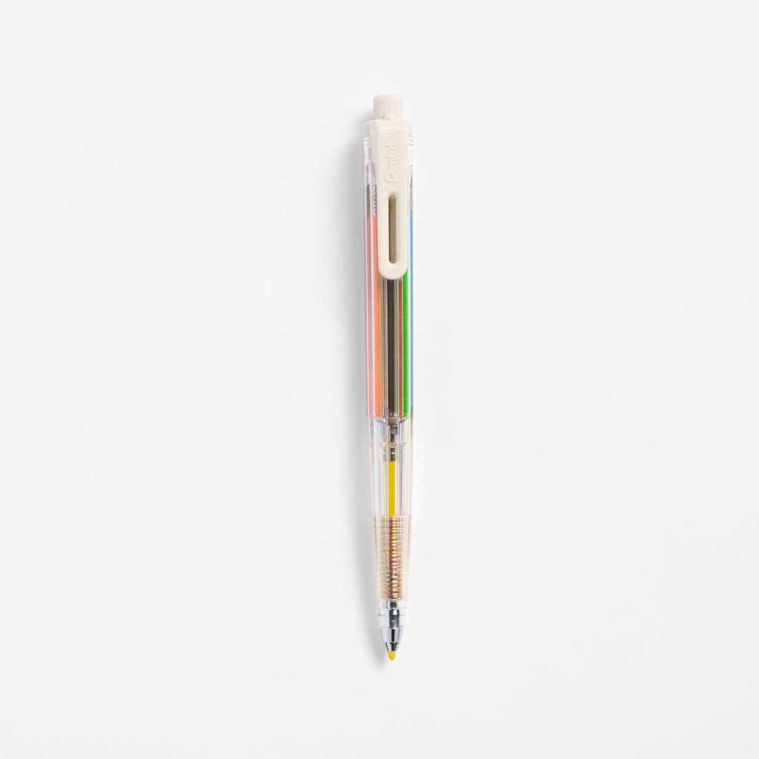 The Pentel Art Multi 8 Pen which has a transparent body and eight different colour leads for drawing and sketching and the yellow lead out