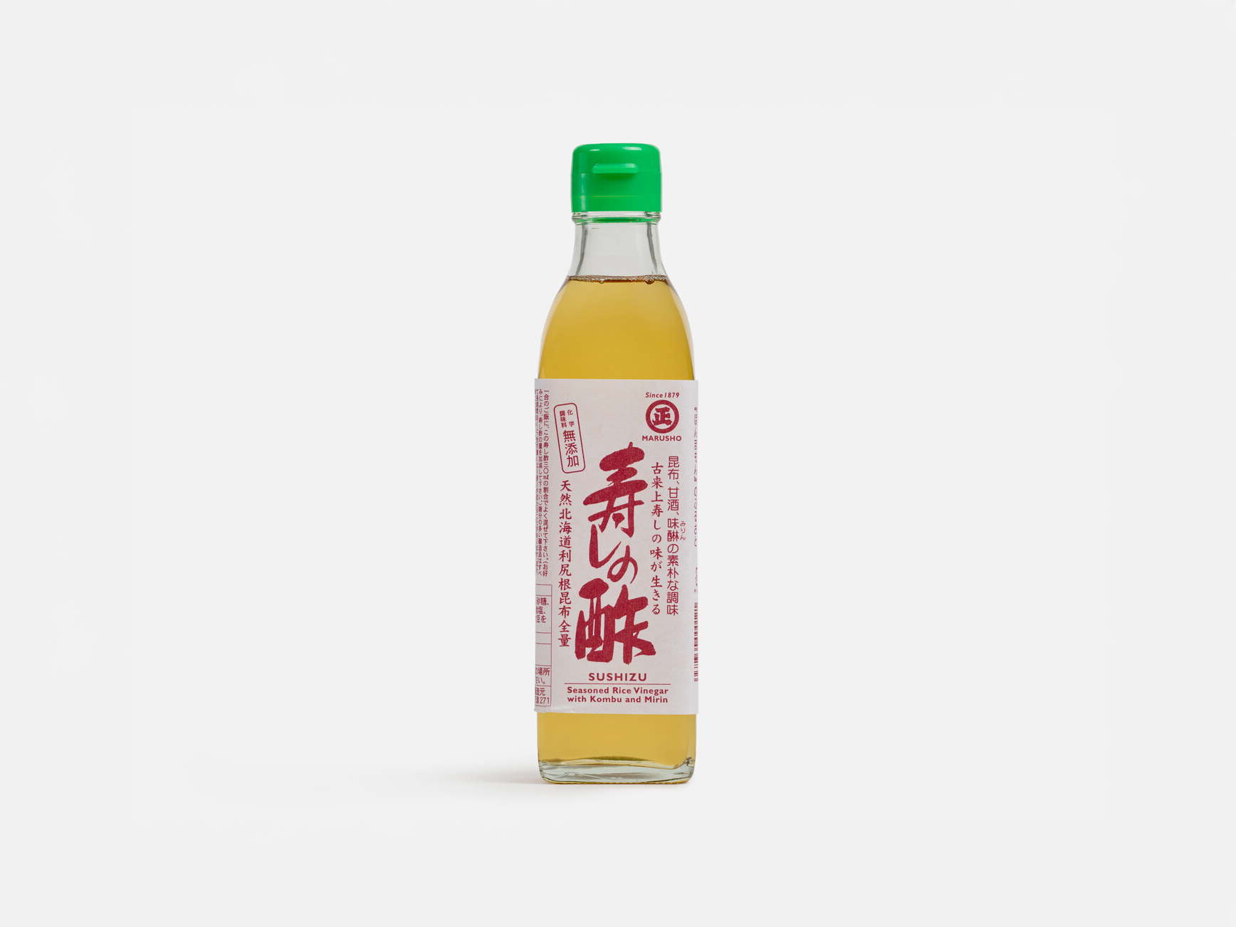 Marushō Sushi Vinegar in a rectangular bottle with green lid from Japan House London