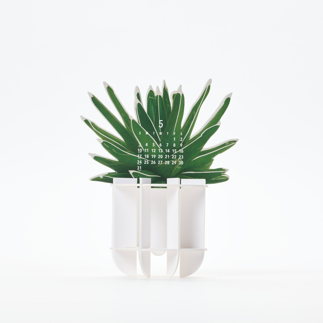 A three dimensional paper calendar in the shape of potted plant showing May from Japan House London