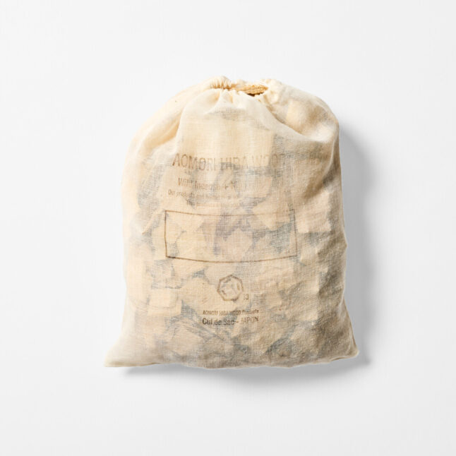 Large cloth bag with wood chips of Aomori hiba, a species of cypress native to Aomori Prefecture from Japan House London.
