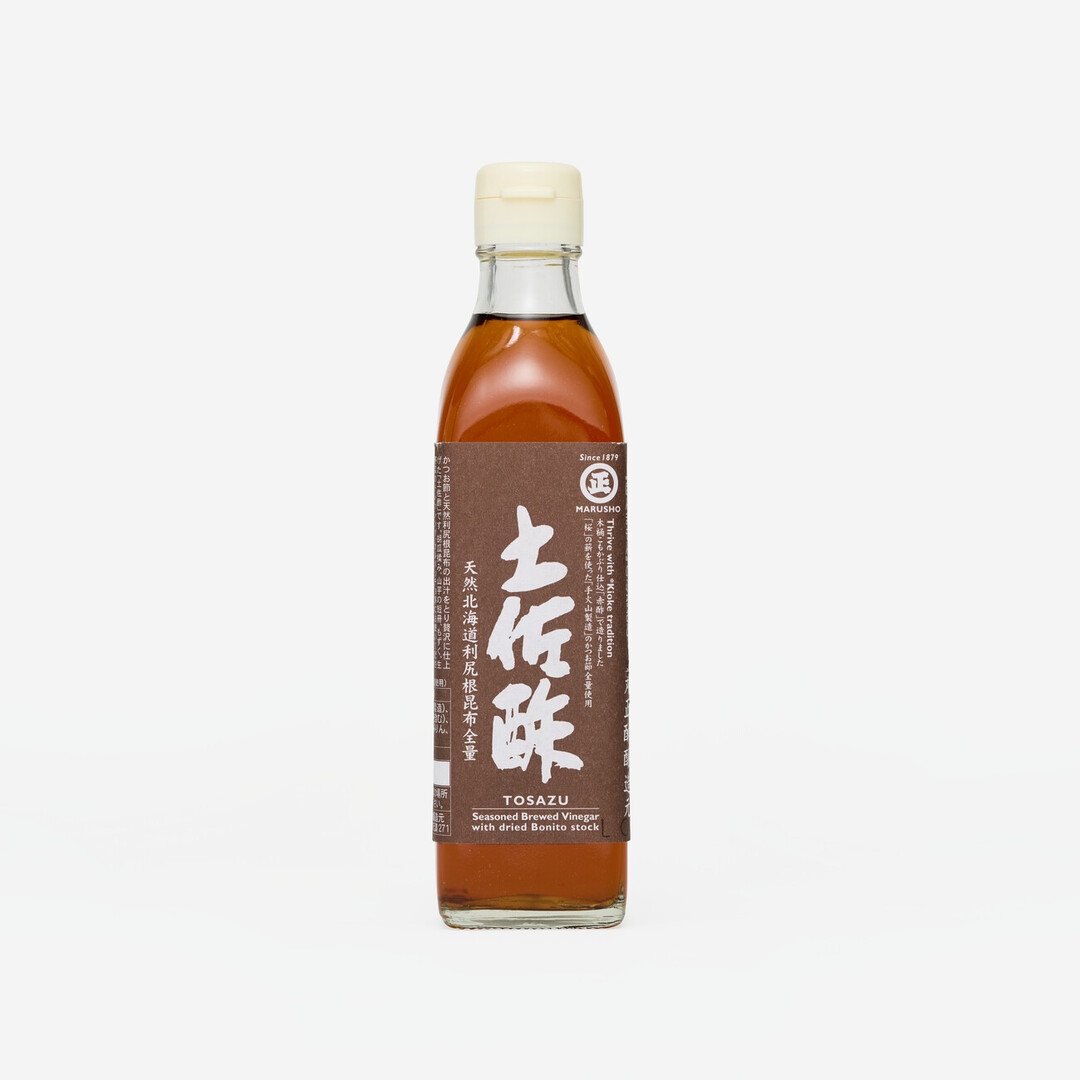 Marushō Tosa Vinegar in a rectangular bottle and white lid from Japan House London