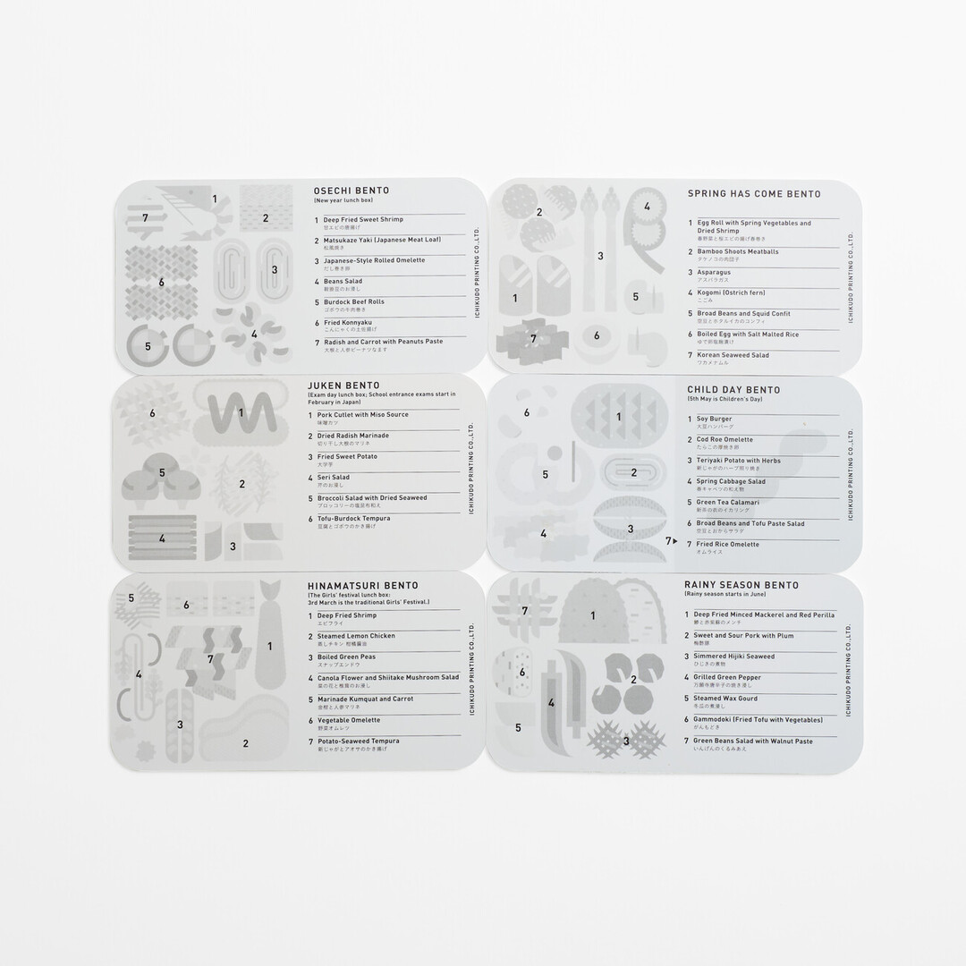 The back of the monthly calendar cards have names of the dishes of the bento.