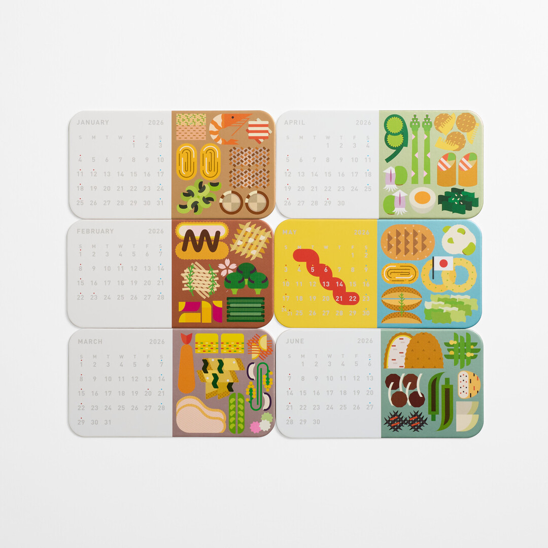 A bento shaped calendar with monthly cards with illustrations of seasonal bentos from January till June from Japan House London.